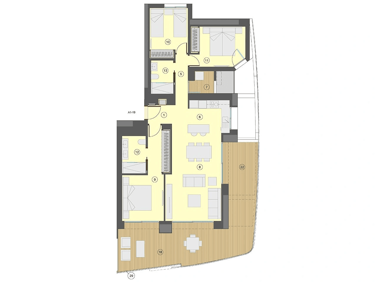 Appartements avec 3 chambres, 2 salles de bain, climatisation et vue sur la mer à seulement 100 m de la plage