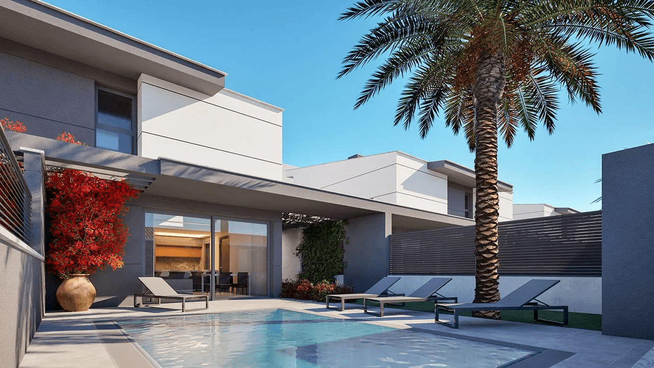 Villas jumelées avec 3 chambres, 3 salles de bains, terrasse sur le toit, pré-installation de la climatisation et piscine privée