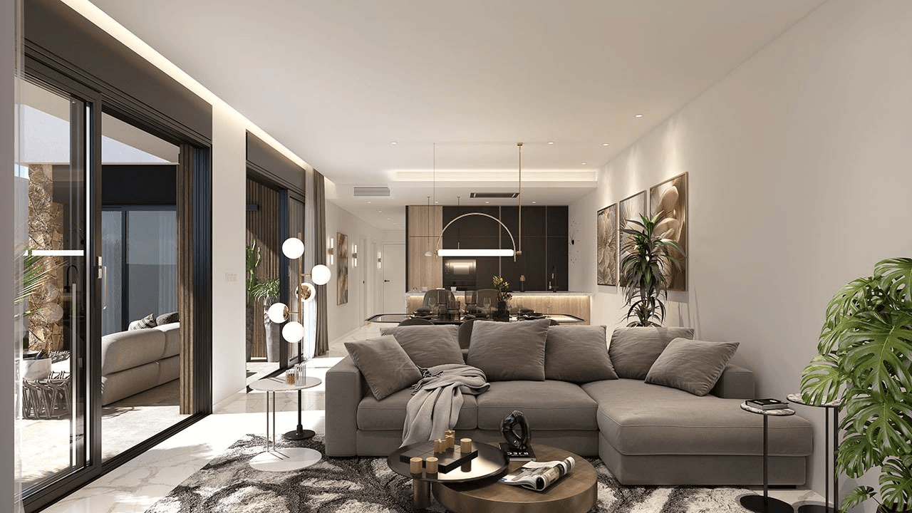 Villas plain-pied de 3 chambres avec toit-terrasse, cuisines équipées d’électroménagers, climatisation, parking privé et piscine privée