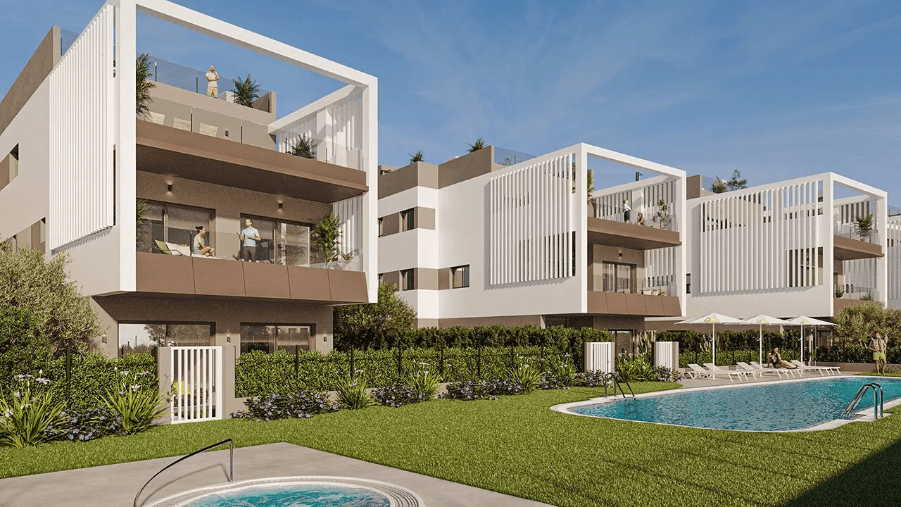 Penthouse-Wohnungen mit 3 Schlafzimmern, Dachterrasse, Fußbodenheizung in Bädern, Klimaanlage und Gemeinschaftspool nur 300 m vom Strand