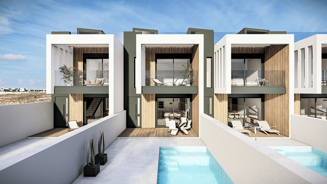 Adosados de 3 dormitorios y 3 baños con solario, parking privado y piscina privada a unos 2,5 km de la playa