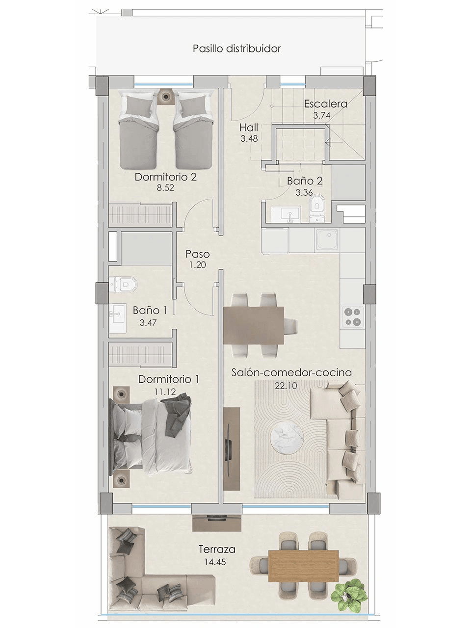 Áticos de 2 dormitorios y 2 baños con solario, preinstalación aire acondicionado, vistas al mar y piscina comunitaria a tan sólo 100 m de la playa