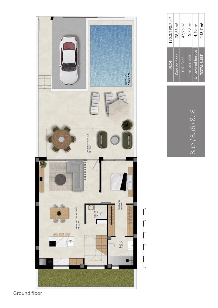Maisons mitoyennes spacieuses avec 3 chambres, 2 salles de bains, W.C., piscine privée et parking privée