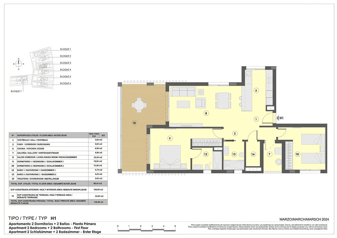 Appartements mit 2 Schlafzimmern, 2 Bädern, Fußbodenheizung in Bädern, Klimaanlage und Gemeinschaftspool nur 300 m vom Strand