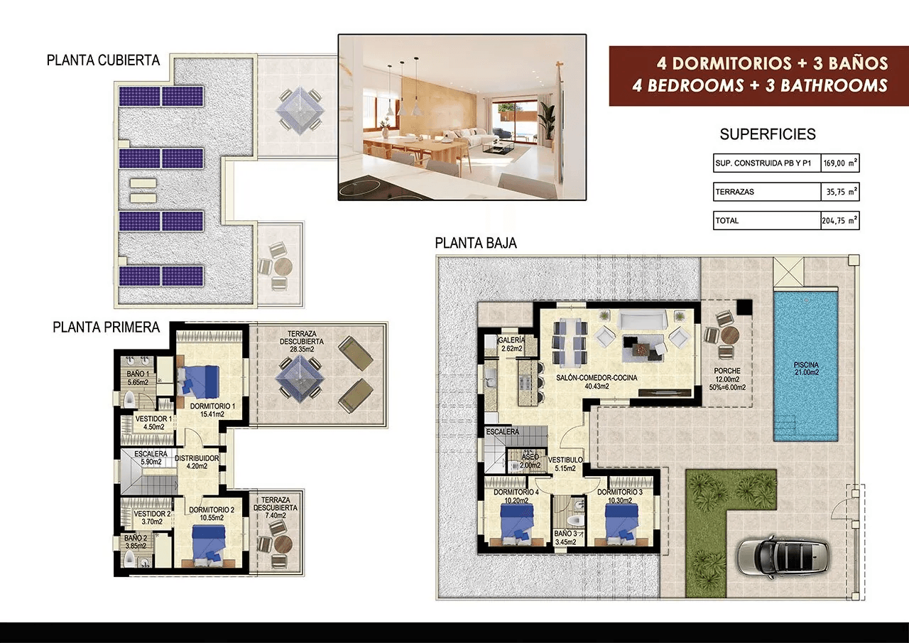 Villas avec 4 chambres, 3 salles de bains, W.C., parking privée et piscine privée dans un complexe de golf