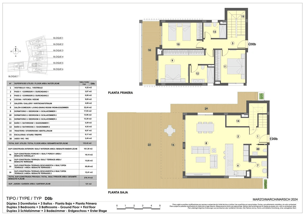Maisonette-Wohnungen mit 3 Schlafzimmern, 2 Bädern, Gäste-WC, Fußbodenheizung in Bädern, Klimaanlage und Gemeinschaftspool nur 300 m vom Strand