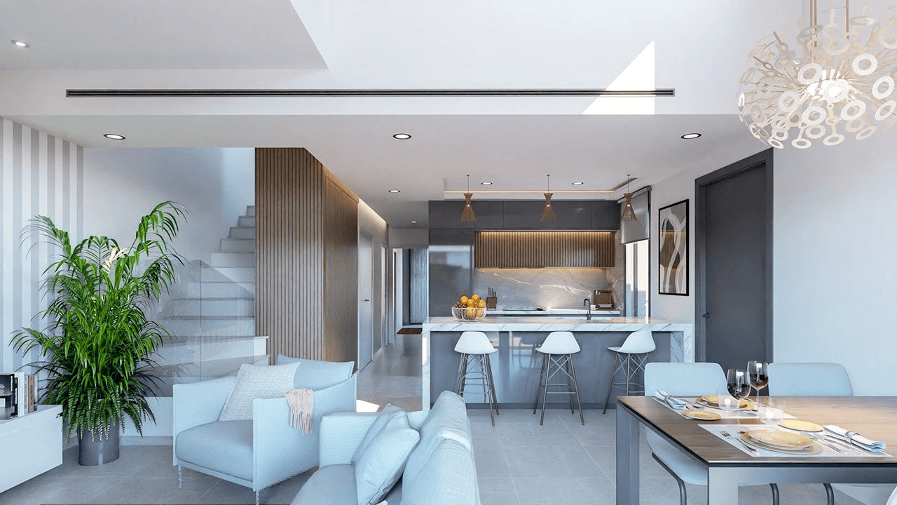 Villas jumelées avec 3 chambres, 3 salles de bains, terrasse sur le toit, pré-installation de la climatisation et piscine privée