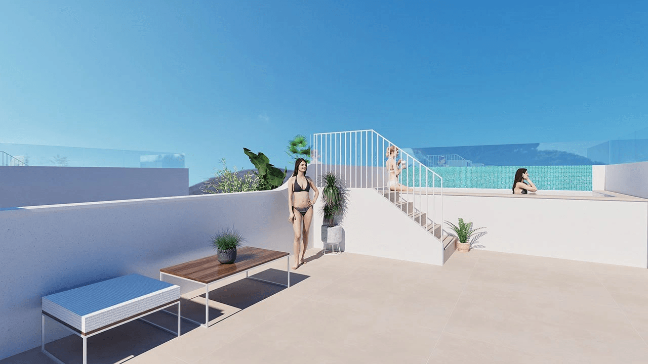 Bungalows altos de 2 dormitorios y 2 baños con solario, parking privado y piscina comunitaria a tan solo 200 m de la playa