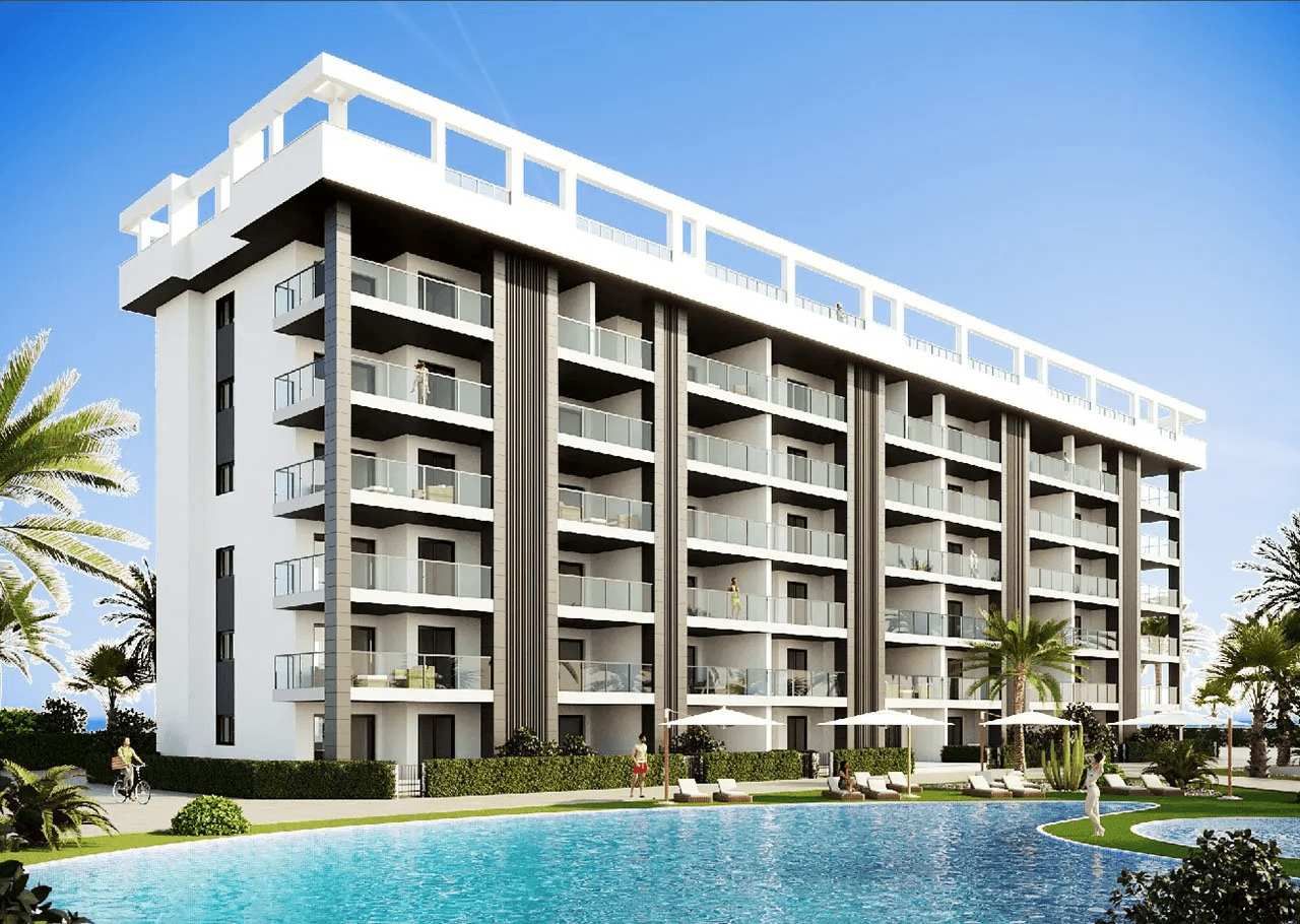 Penthouses avec 3 chambres, terrasse sur le toit, climatisation pré-installation, parking privé et piscine communautaire à seulement 700 m de la plage