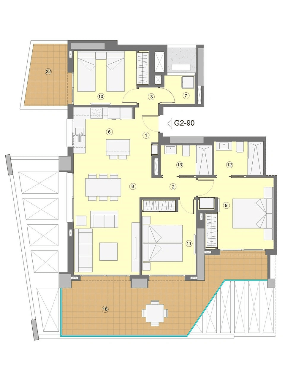 Appartements avec 3 chambres, 2 salles de bain, climatisation et vue sur la mer à seulement 1 km de la plage