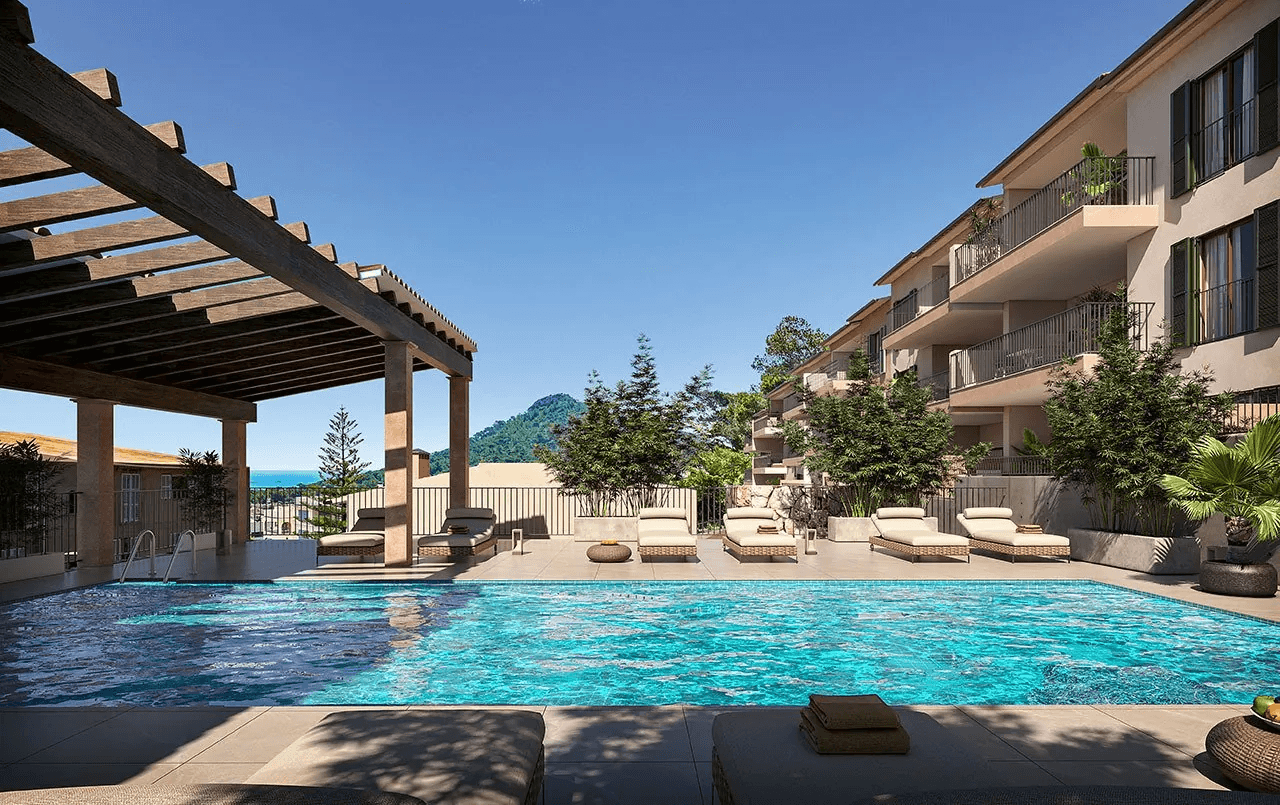 Appartements avec 2 chambres, 2 salles de bains, climatisation, piscine commune, place de parking souterrain et vue sur la mer