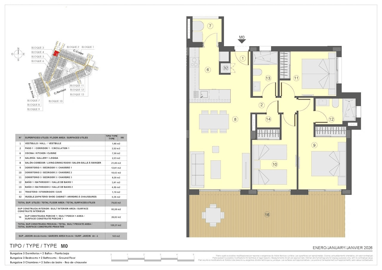 Appartements avec 3 chambres, 2 salles de bain, parking privé, piscines communes et jacuzzis chauffés