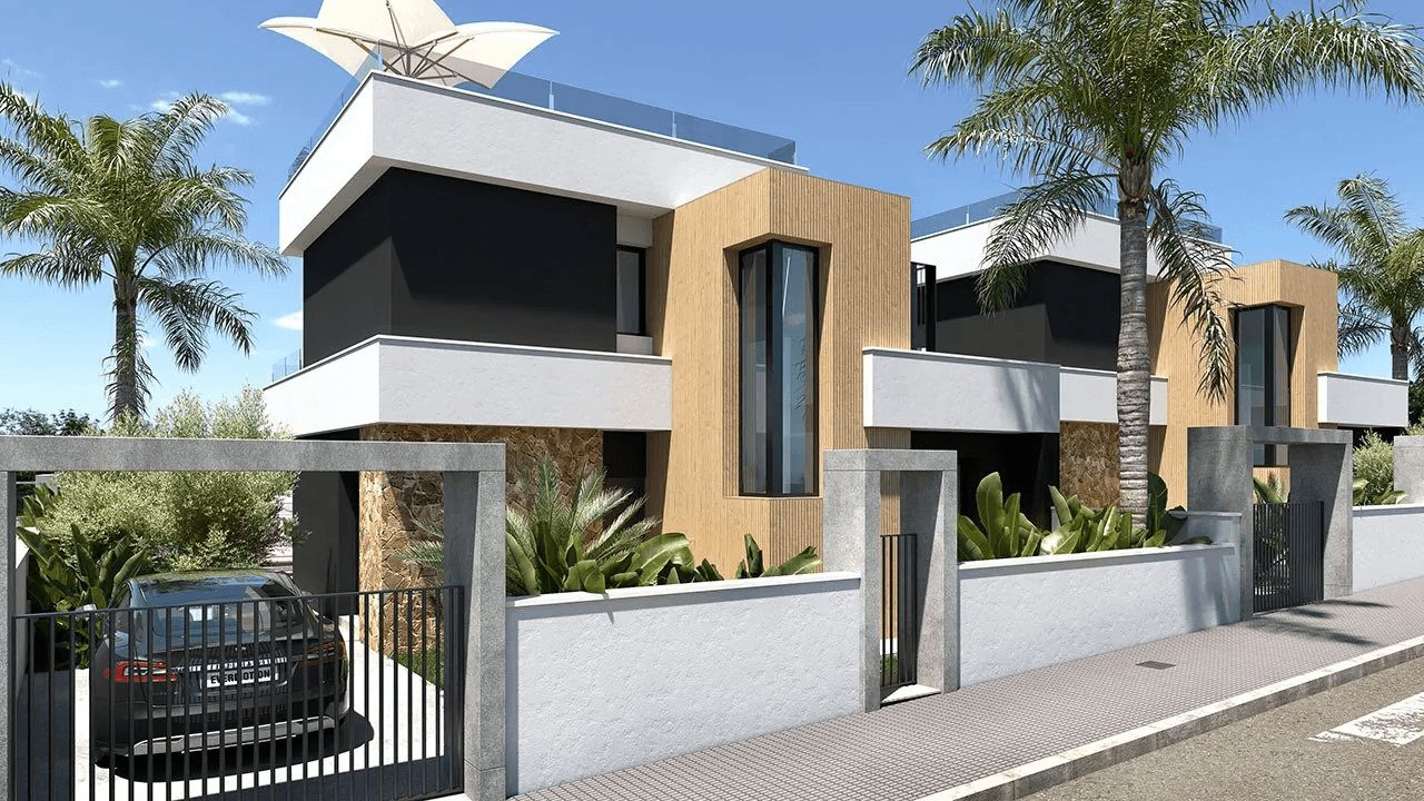 Villas sur deux étages avec 3 chambres, toit-terrasse, cuisines équipées d’électroménagers, climatisation, parking privé et piscine privée