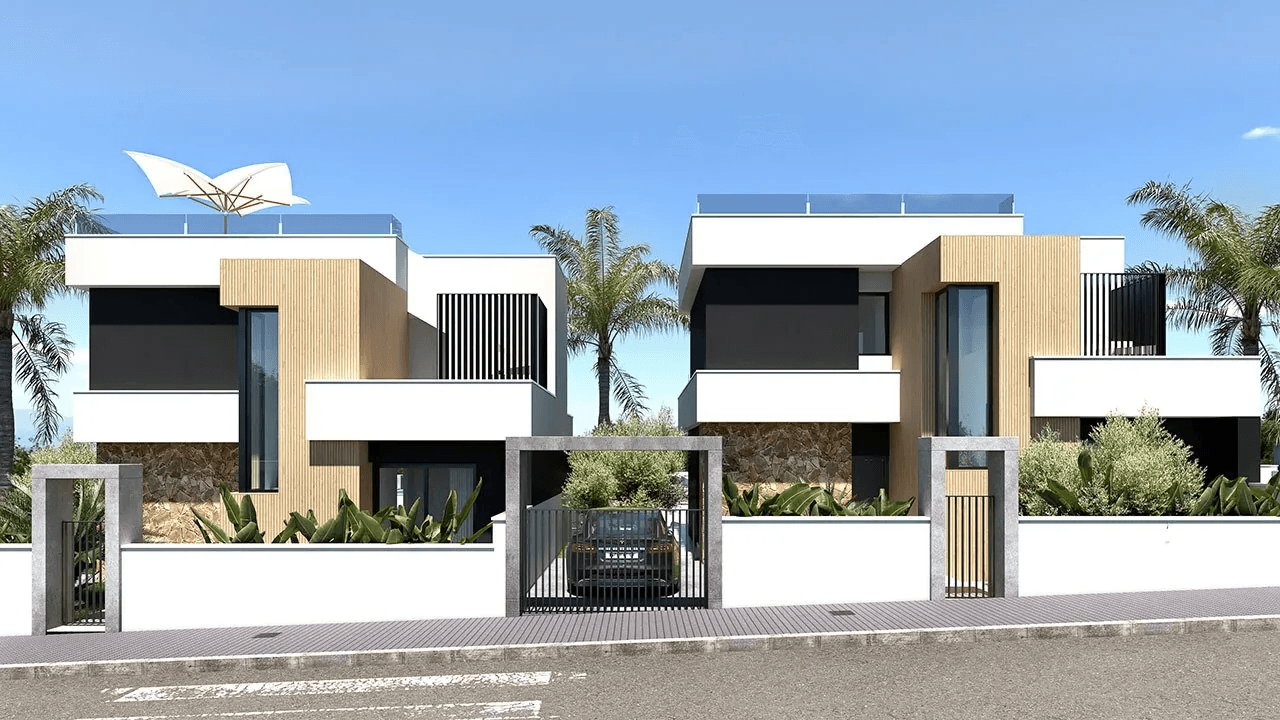 Villas sur deux étages avec 3 chambres, toit-terrasse, cuisines équipées d’électroménagers, climatisation, parking privé et piscine privée