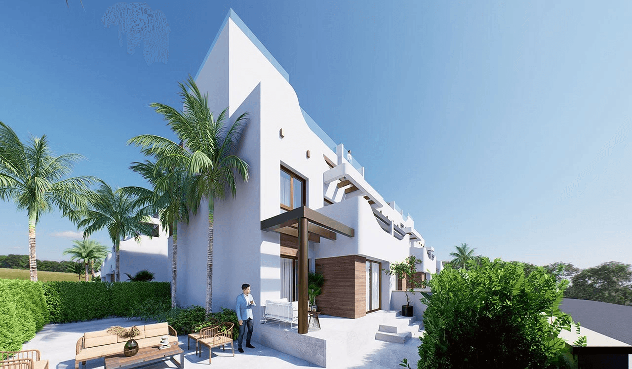 Bungalows altos de 2 dormitorios y 2 baños con solario, parking privado y piscina comunitaria a tan solo 200 m de la playa