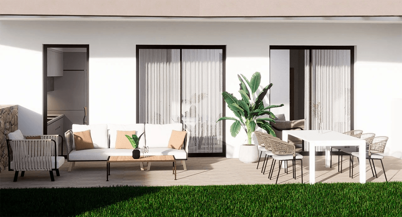 Appartements de 3 chambres au rez-de-chaussée avec 2 salles de bains, piscine communautaire et vue sur la mer