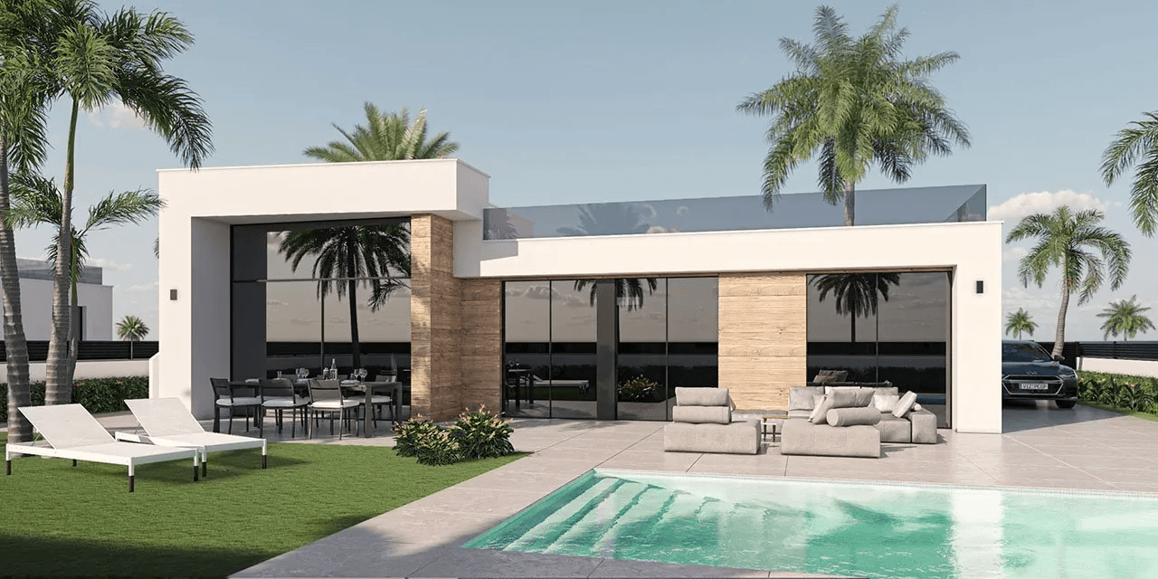 Villas de 3 dormitorios y 2 baños con solario, preinstalación aire acondicionado y piscina privada en el Condado de Alhama Golf Resort