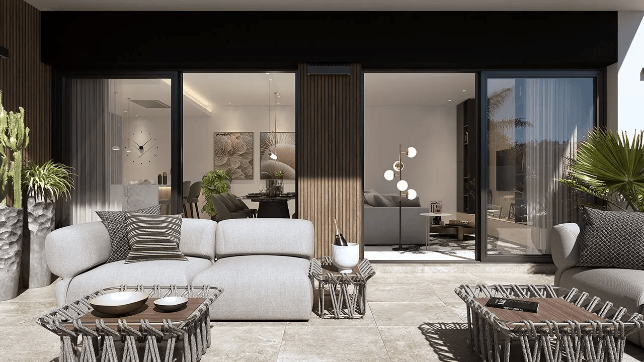 Villas plain-pied de 3 chambres avec toit-terrasse, cuisines équipées d’électroménagers, climatisation, parking privé et piscine privée