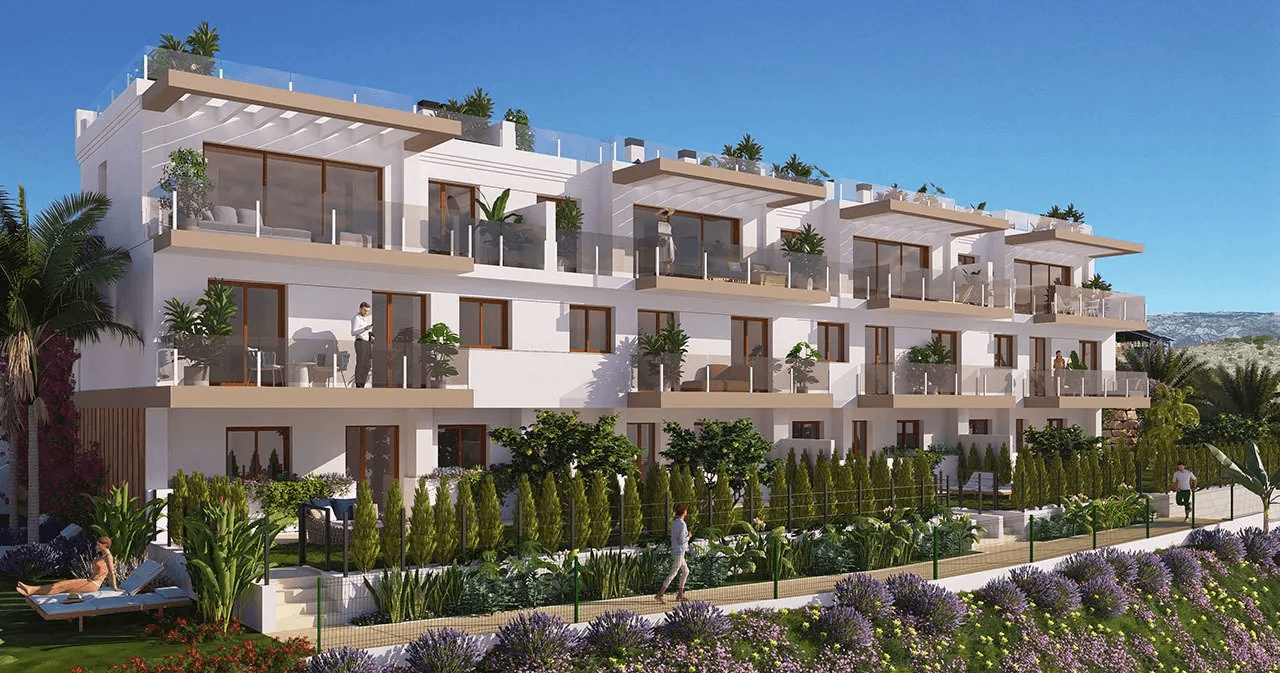Maisons mitoyennes avec 4 chambres, 3 salles de bains, WC invités, vue sur la mer, climatisation, place de parking et piscine commune