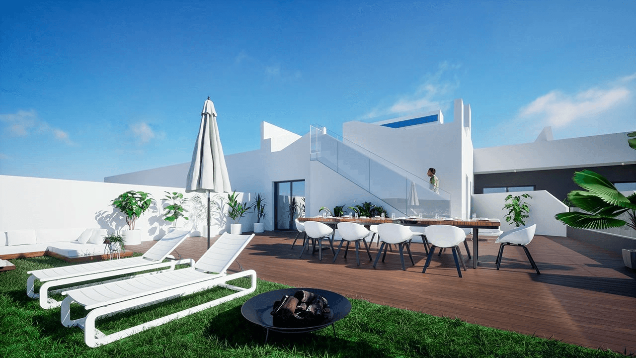 Penthouses avec 2 chambres, 2 salles de bain, toit-terrace, W.C., piscine privée et cuisine équipée moderne avec des appareils électriques