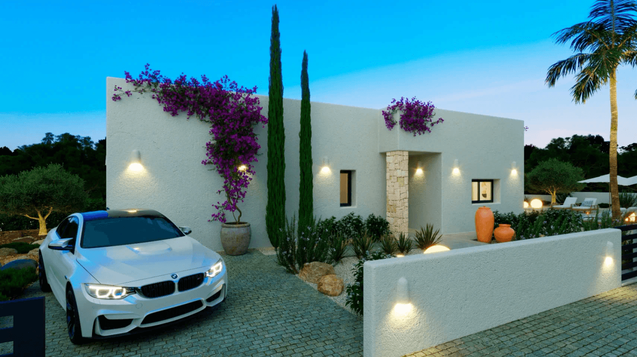 Sehr schönes Neubauprojekt im Ibiza Stil auf einem großen flachen Grundstück in Denia