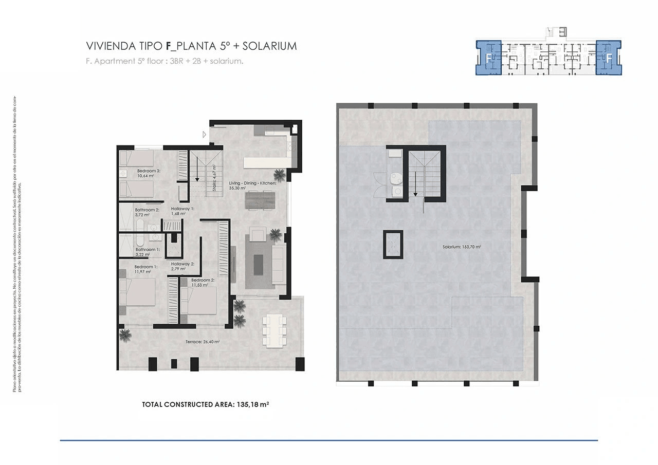 Penthouses avec 3 chambres, terrasse sur le toit, climatisation pré-installation, parking privé et piscine communautaire à seulement 700 m de la plage
