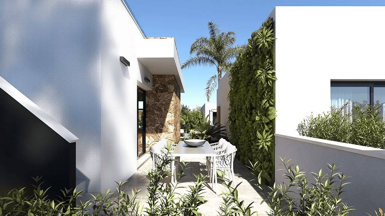Villas plain-pied de 3 chambres avec toit-terrasse, cuisines équipées d’électroménagers, climatisation, parking privé et piscine privée