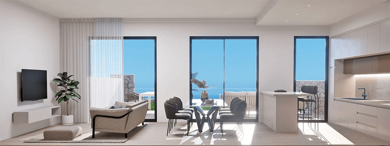 Appartements de 3 chambres au rez-de-chaussée avec 2 salles de bains, piscine communautaire et vue sur la mer