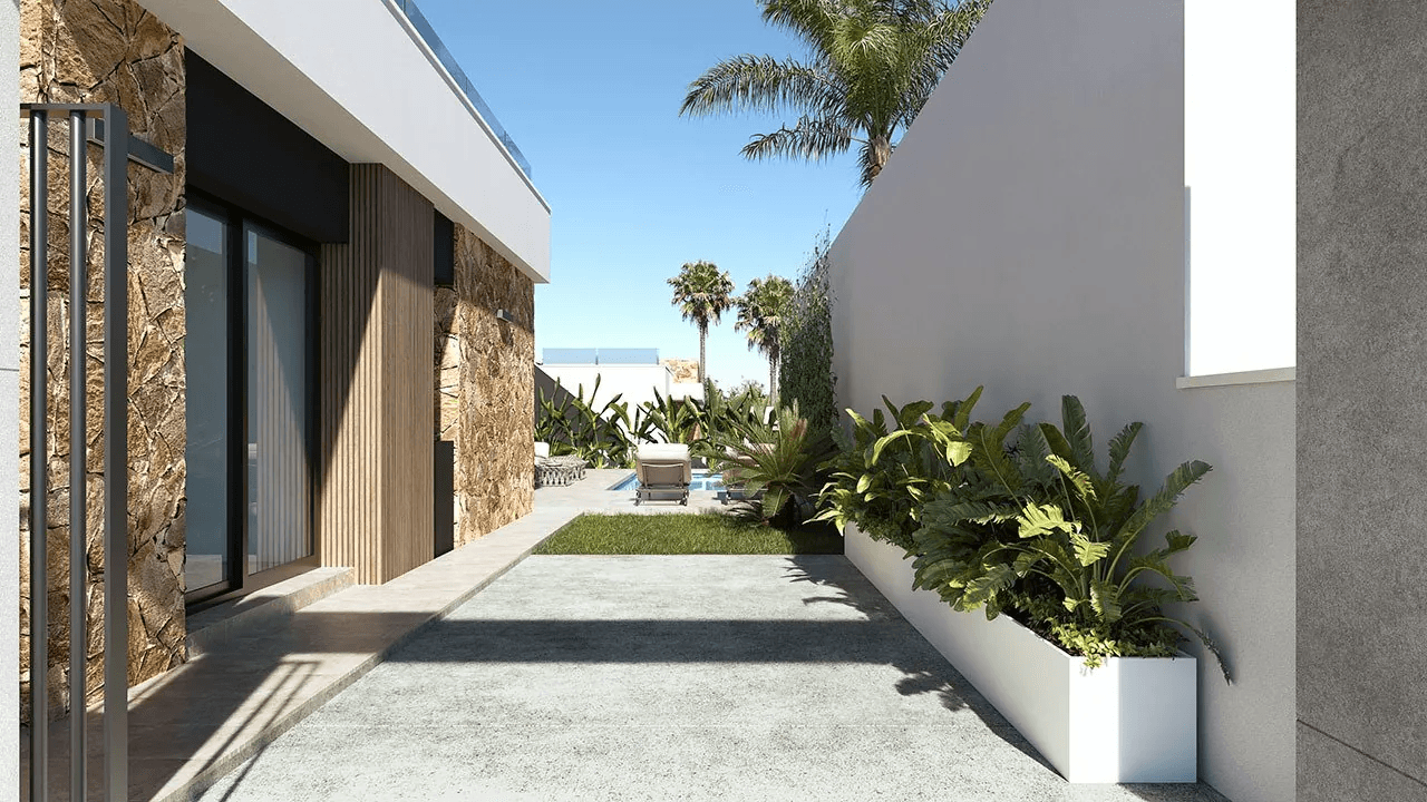 Villas plain-pied de 3 chambres avec toit-terrasse, cuisines équipées d’électroménagers, climatisation, parking privé et piscine privée