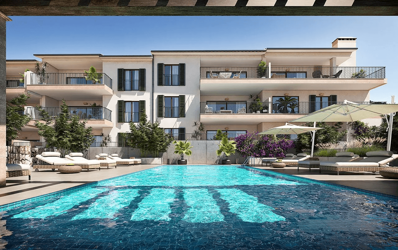 Appartements avec 2 chambres, 2 salles de bains, climatisation, piscine commune, place de parking souterrain et vue sur la mer