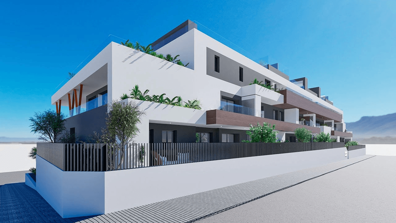 Appartements avec 3 chambres, 2 salles de bain, cuisine équipée moderne avec des appareils électriques et piscine communautaire
