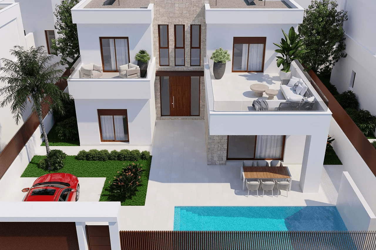 Villas avec 4 chambres, 3 salles de bains, W.C., parking privée et piscine privée dans un complexe de golf