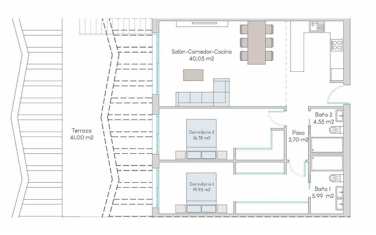 Appartements de 2 chambres au dernier étage avec 2 salles de bains, piscine communautaire et vue sur la mer