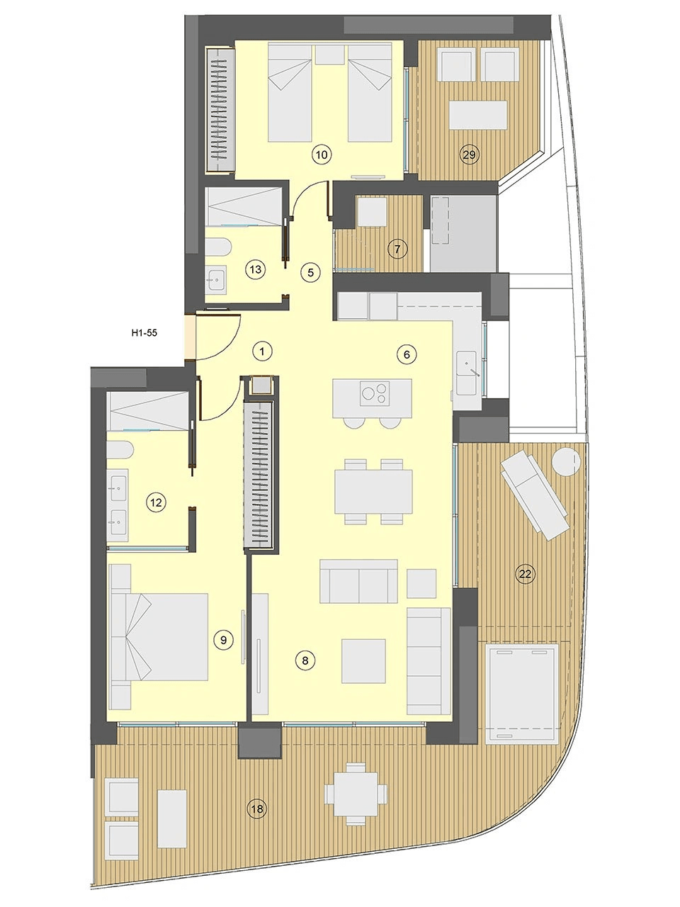 Appartements avec 2 chambres, 2 salles de bain, climatisation et vue sur la mer à seulement 100 m de la plage