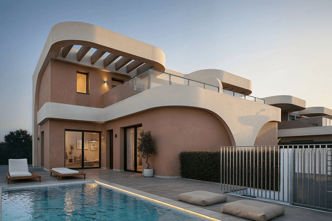 Villas jumelées avec 3 chambres, 2 salles de bains, WC invités, terrasse sur le toit, place de parking et piscine privée en option