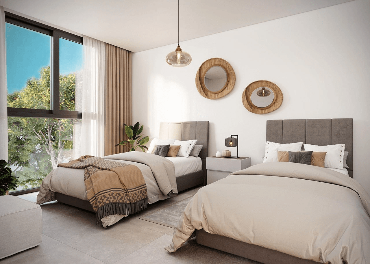 Villas jumelées avec 3 chambres à coucher, 3 salles de bain, cave,chauffage par le sol, climatisation et piscine commune à seulement 500 m de la plage