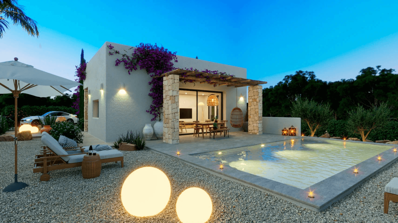 Sehr schönes Neubauprojekt im Ibiza Stil auf einem großen flachen Grundstück in Denia
