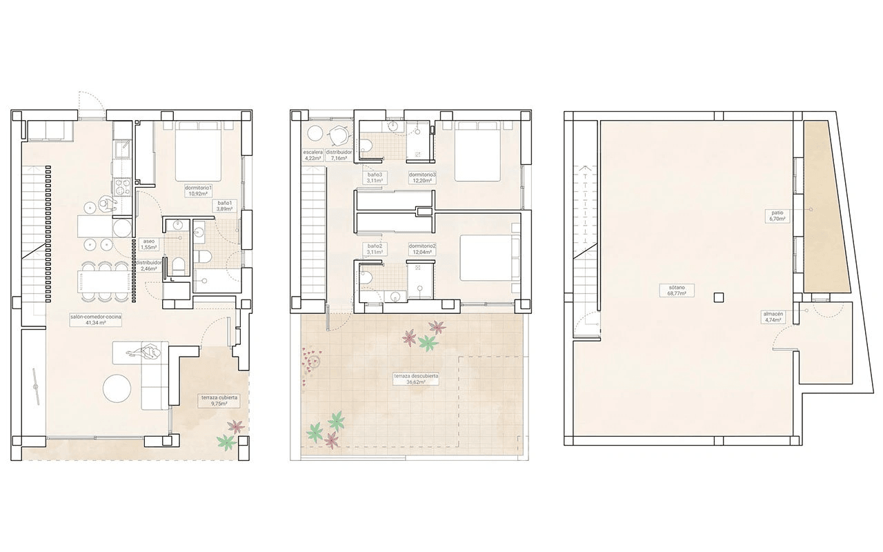 Modernas villas de 3 dormitorios y 3 baños con aseo, sótano, aire acondicionado y piscina privada en un paisaje muy bonito