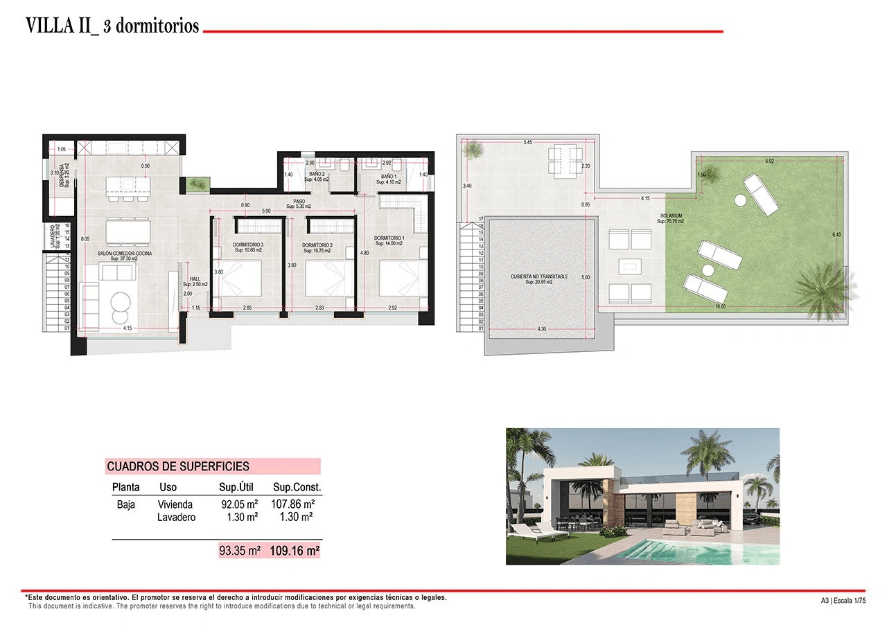 Villas de 3 dormitorios y 2 baños con solario, preinstalación aire acondicionado y piscina privada en el Condado de Alhama Golf Resort