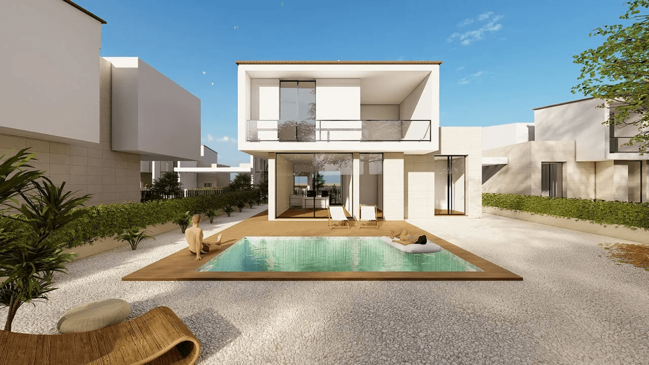 Villas avec 3 chambres, 3 salles de bains, air conditionné, vue sur la mer, piscine privée et place de parking