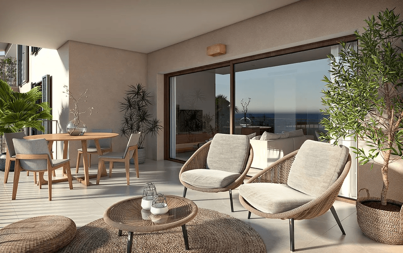 Appartements avec 2 chambres, 2 salles de bains, climatisation, piscine commune, place de parking souterrain et vue sur la mer