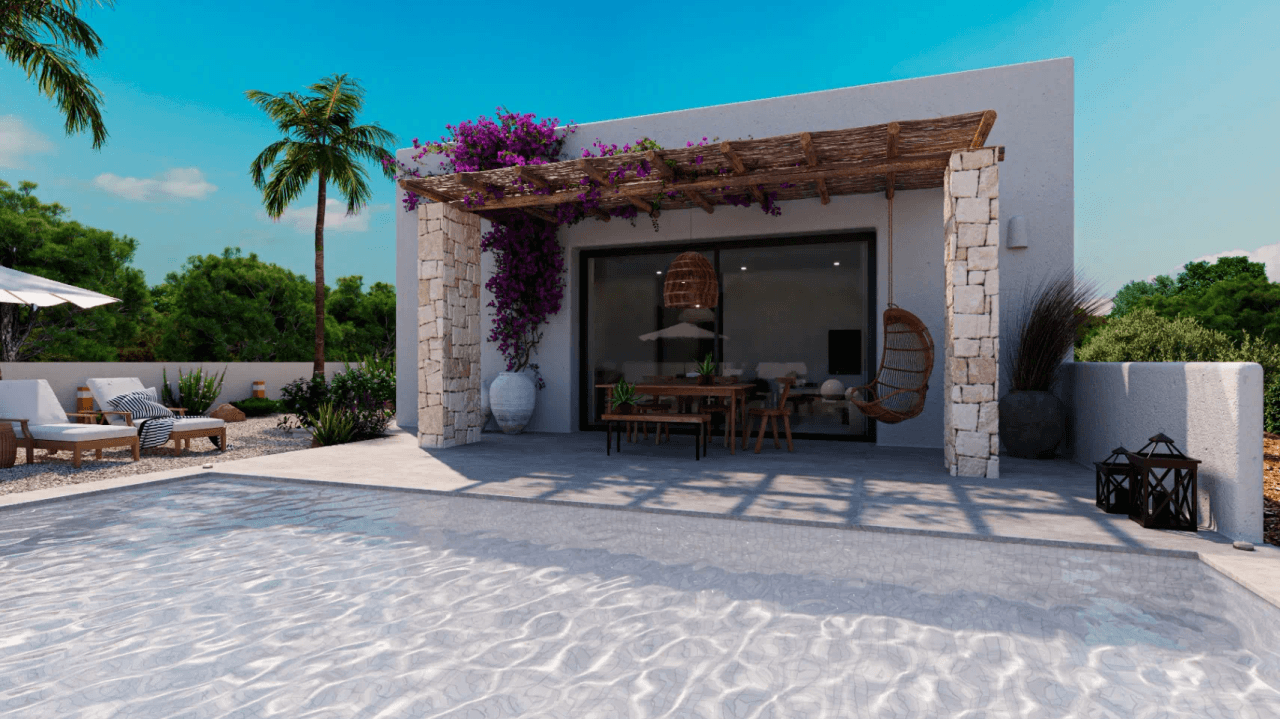 Sehr schönes Neubauprojekt im Ibiza Stil auf einem großen flachen Grundstück in Denia