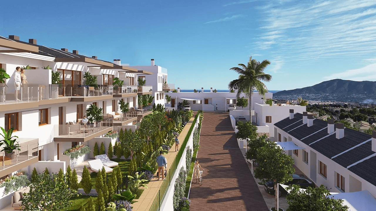 Maisons mitoyennes avec 4 chambres, 3 salles de bains, WC invités, vue sur la mer, climatisation, place de parking et piscine commune