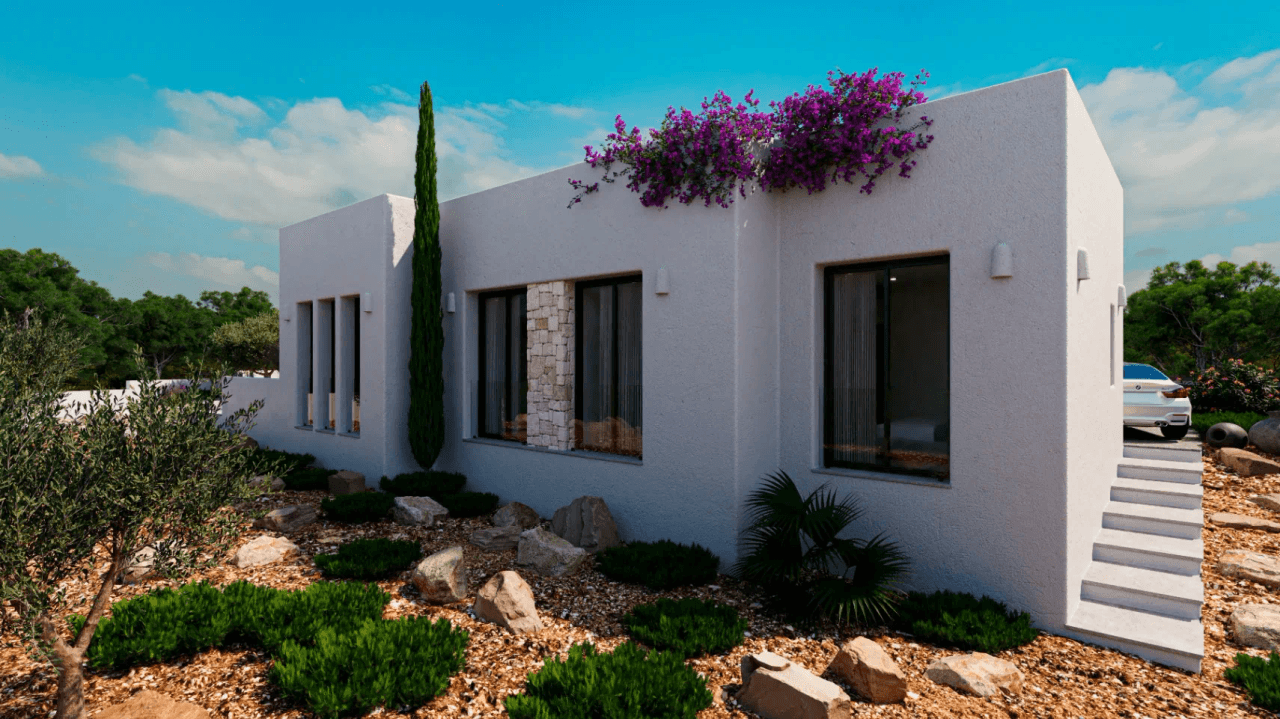 Sehr schönes Neubauprojekt im Ibiza Stil auf einem großen flachen Grundstück in Denia