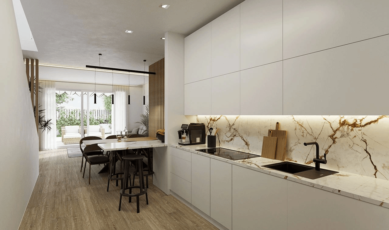 Modernas villas de 3 dormitorios y 3 baños con aseo, sótano, aire acondicionado y piscina privada en un paisaje muy bonito