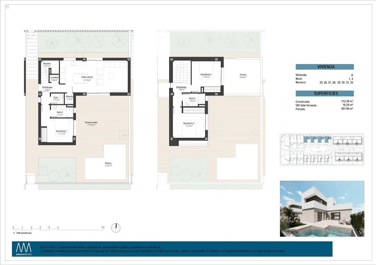Villas de 3 dormitorios y 2 baños con aseo, parking privado subterráneo y piscina comunitaria junto a Serena Golf