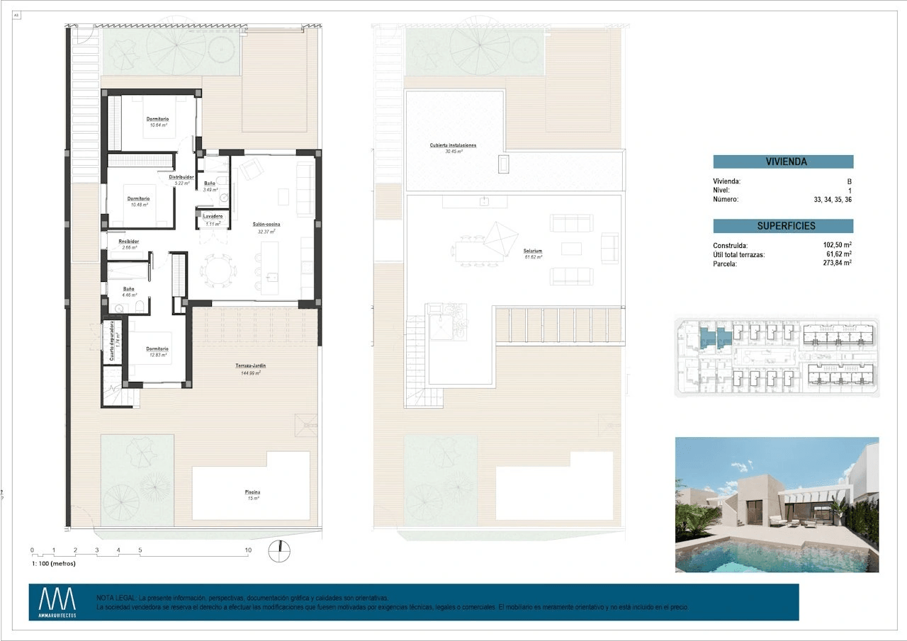 Villas de 3 dormitorios y 2 baños con solárium, parking privado subterráneo y piscina comunitaria junto a Serena Golf