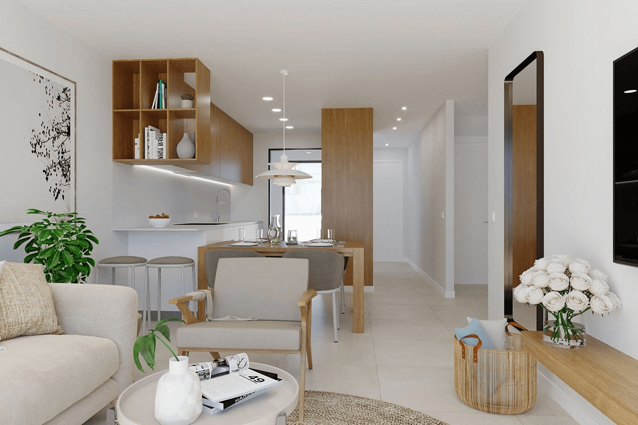 Appartements modernes de 2 chambres au rez-de-chaussée dans un complexe privé avec cave et piscine communautaire