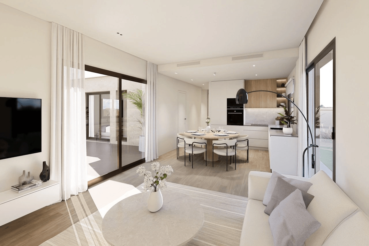 Villas de 3 dormitorios y 2 baños con aseo, parking privado subterráneo y piscina comunitaria junto a Serena Golf