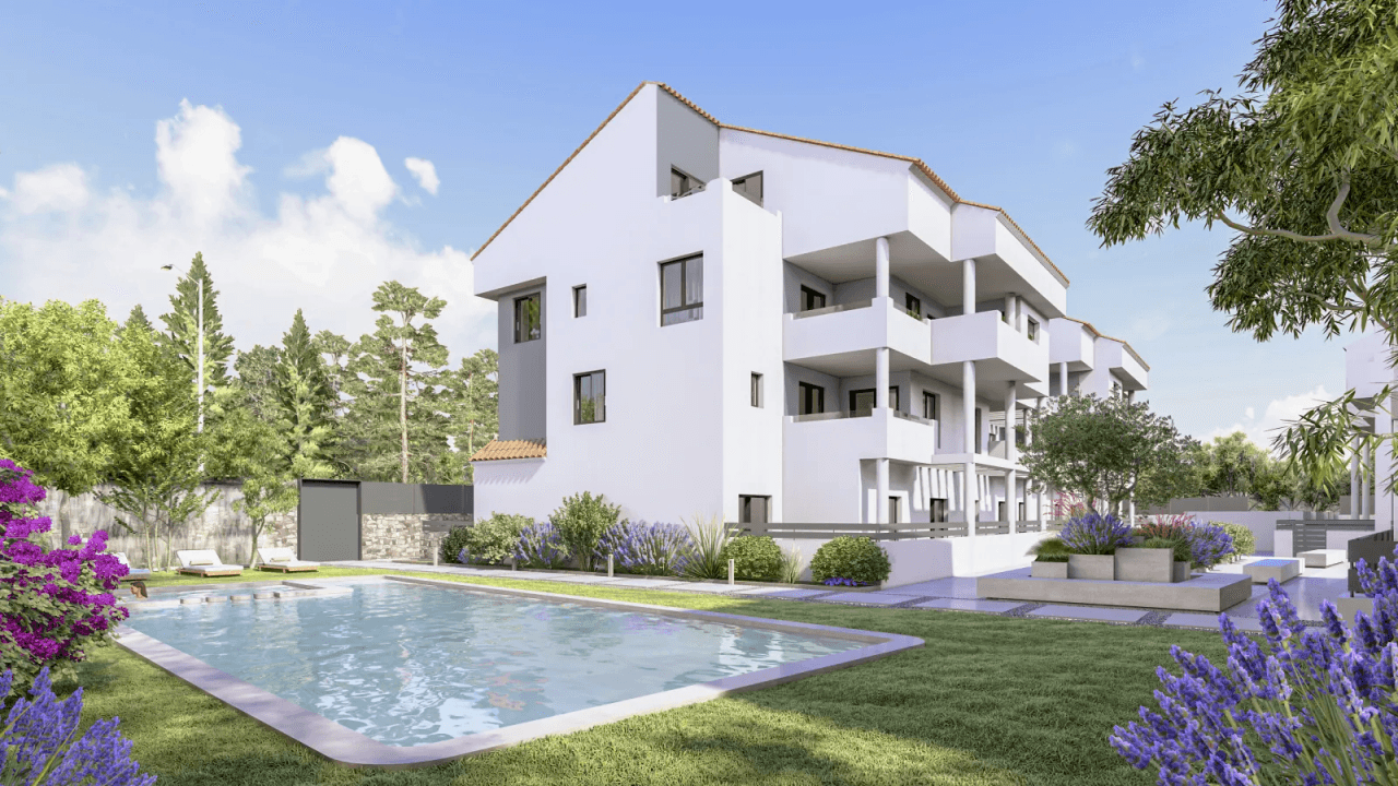 Superbe appartement de 2 chambres avec garage, débarras, piscine commune et bien plus encore.